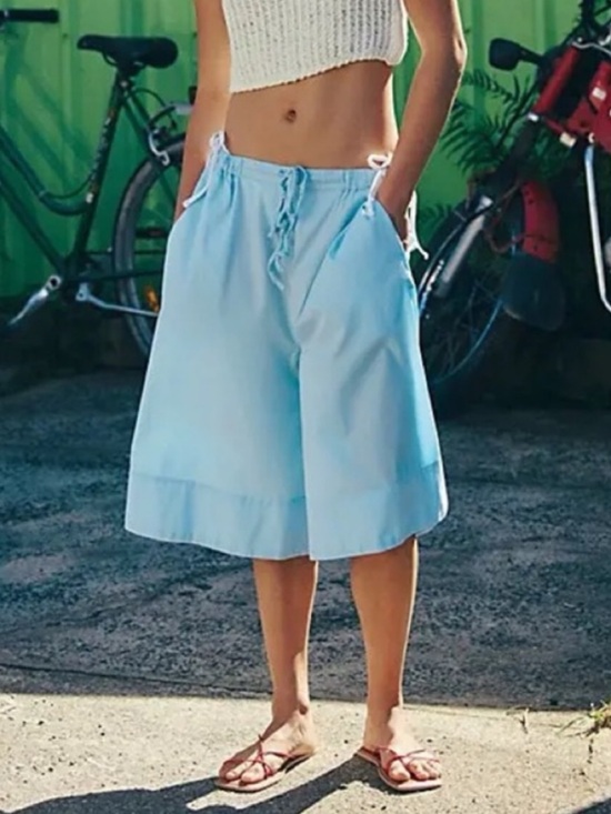 Free People Pants - Free People Light Blue Drawstring Wide-Leg Bermudas